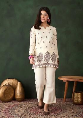 Cream Printed Poly Blend Co Ord Set