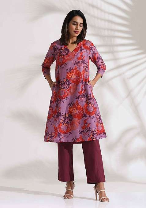 Purple Printed Poly Blend Co Ord Set