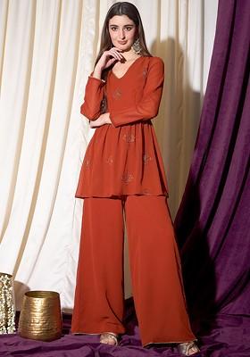 Rust Printed Poly Blend Co Ord Set