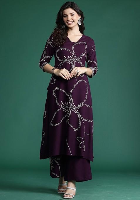 Burgundy Printed Poly Blend Co Ord Set