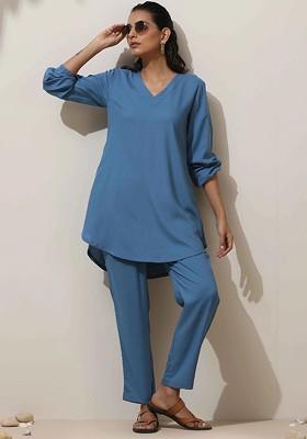 Blue Printed Poly Blend Co Ord Set