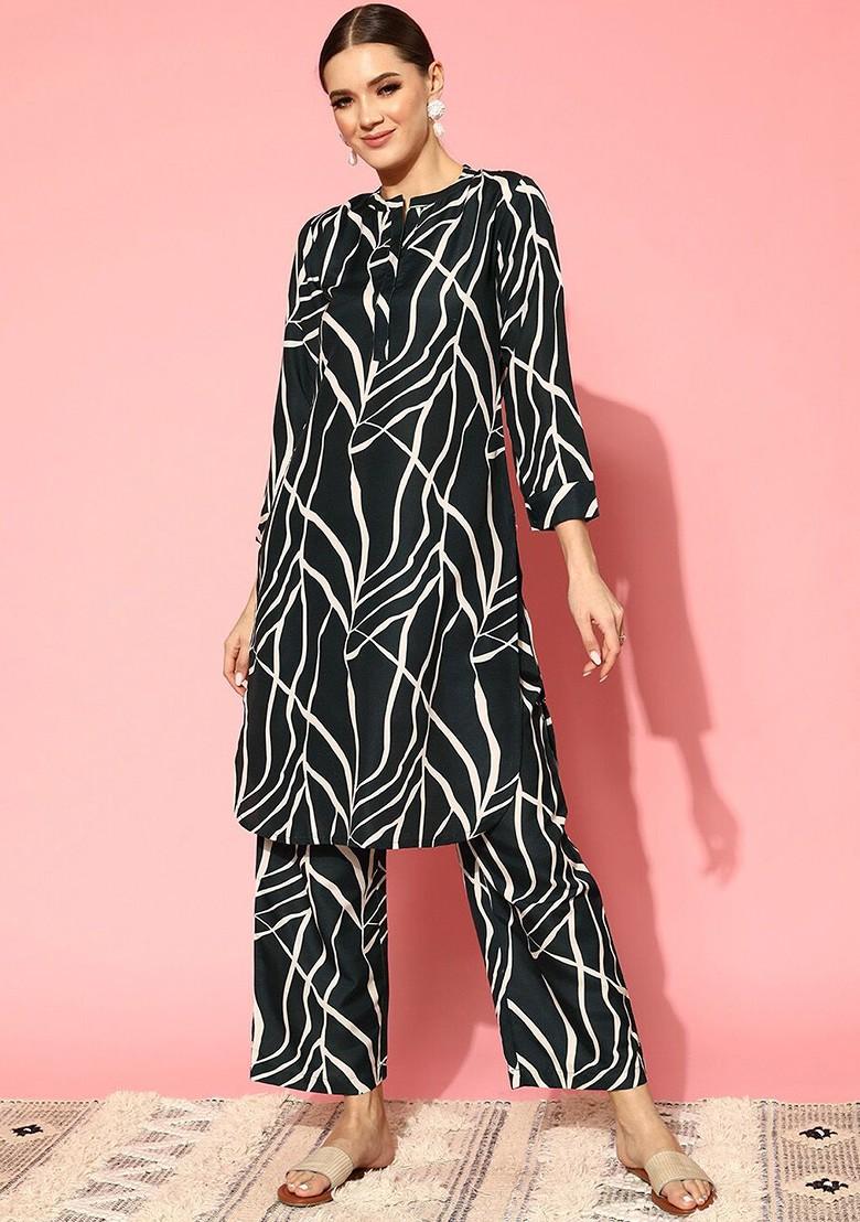 Black Printed Poly Blend Co Ord Set - Indya