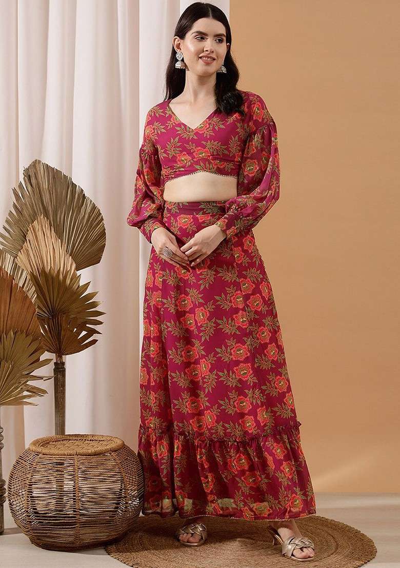 Fuchsia Printed Poly Blend Co Ord Set - Indya