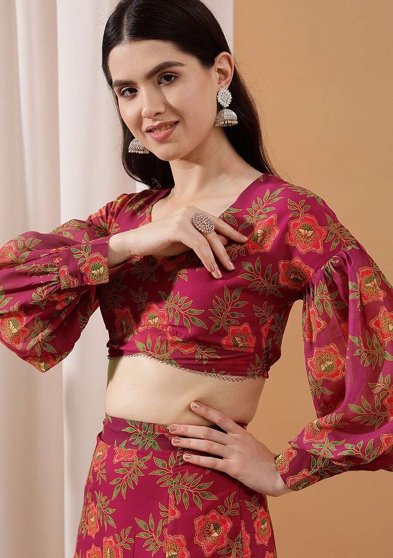 Fuchsia Printed Poly Blend Co Ord Set - Indya
