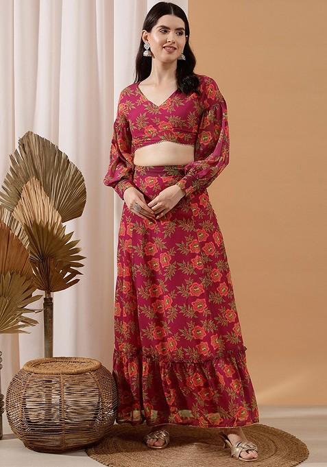 Fuchsia Printed Poly Blend Co Ord Set