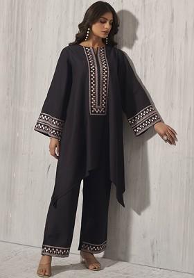 Black Black Ethnic Motifs Embroidered Sequinned Notch Neck Top With Trouser
