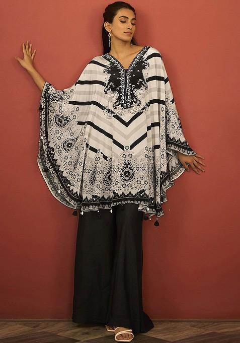 Black Paisley Printed Vneck Pure Silk Kaftan Kurti With Trousers