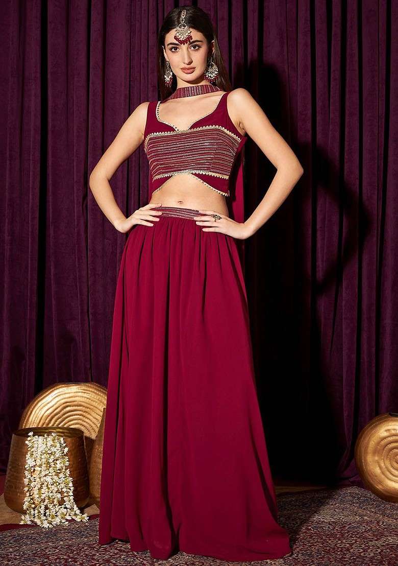 Maroon Embroidered Sleeveless Crop Top And Skirt With Dupatta Coords - Indya