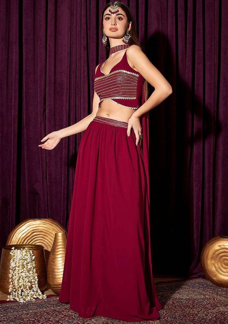 Maroon Embroidered Sleeveless Crop Top And Skirt With Dupatta Coords - Indya