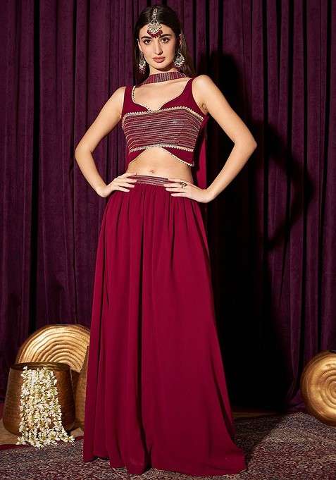 Maroon Embroidered Sleeveless Crop Top And Skirt With Dupatta Coords