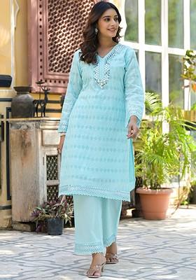Turquoise Blue Women Embroidered Schiffli Cotton Coord Set