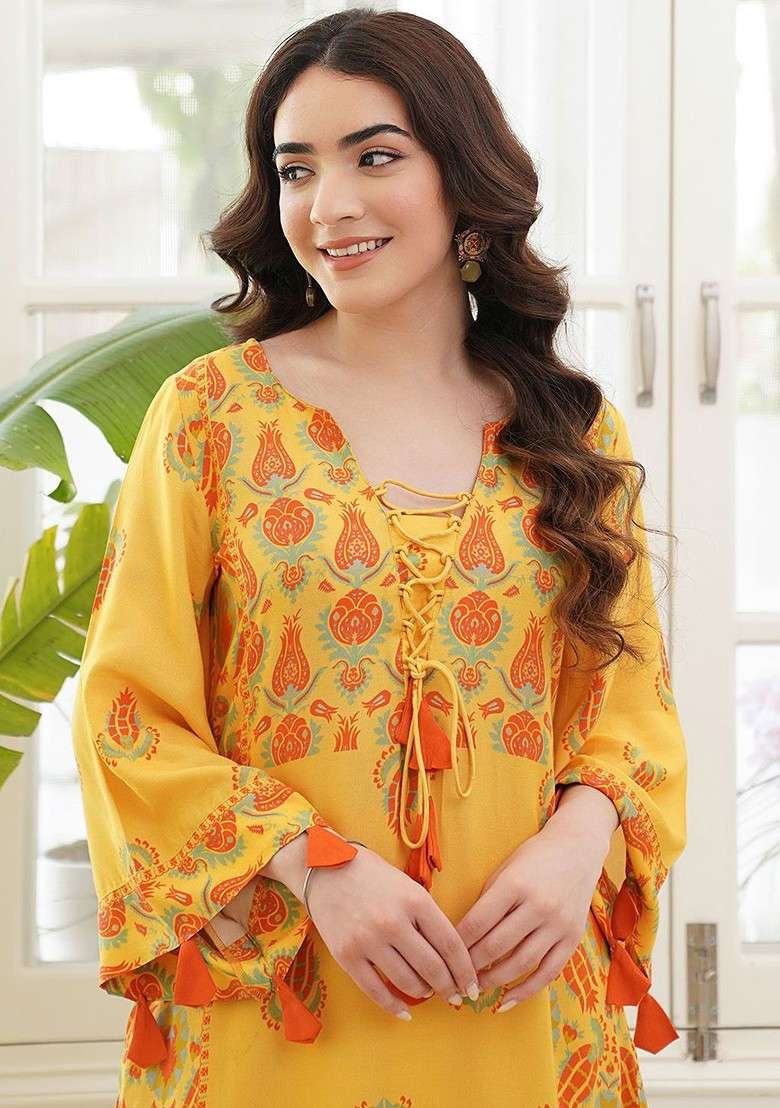 Mustard Printed Tie Up Neck Flared Sleeves Pure Cotton Vneck Paneled Kurta Pant Set - Indya