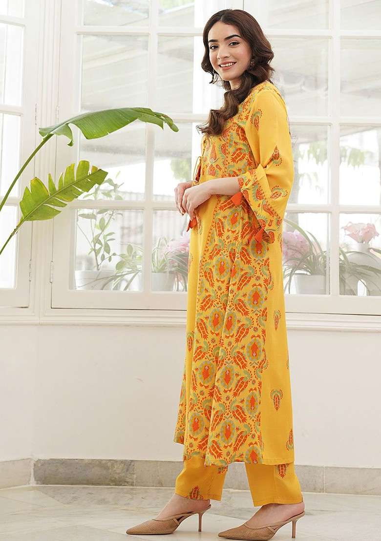 Mustard Printed Tie Up Neck Flared Sleeves Pure Cotton Vneck Paneled Kurta Pant Set - Indya