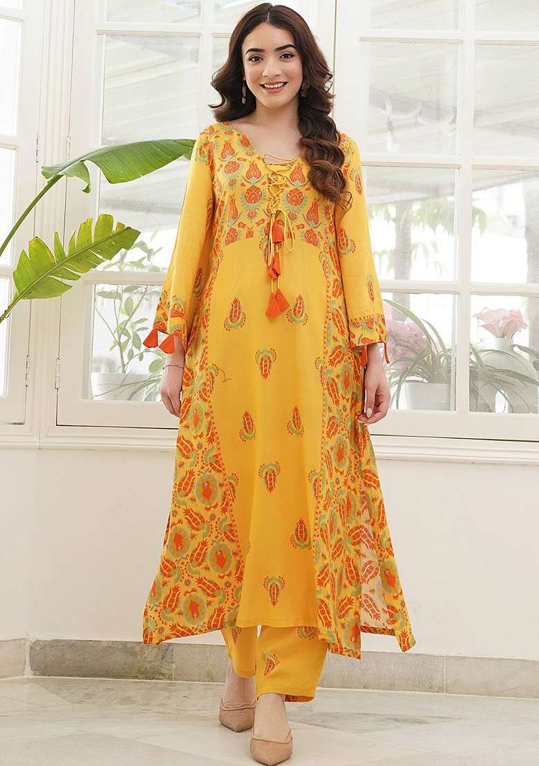 Mustard Printed Tie Up Neck Flared Sleeves Pure Cotton Vneck Paneled Kurta Pant Set - Indya