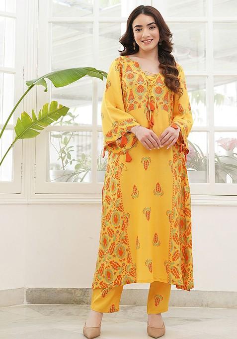 Mustard Printed Tie Up Neck Flared Sleeves Pure Cotton Vneck Paneled Kurta Pant Set