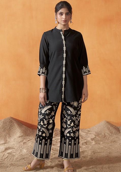Black Black Floral Embroidered Mandarin Collar Top And Trouser