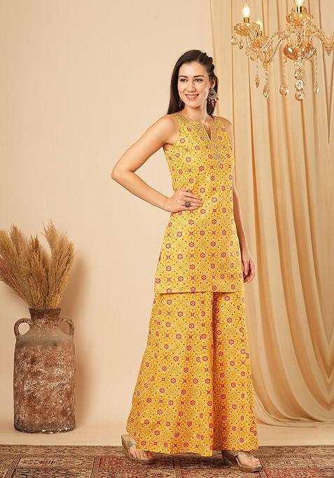 Yellow Printed Tunic With Palazzo Coords
