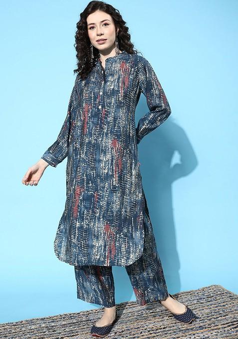Blue Dyed Aline Kurta With Trousers Set