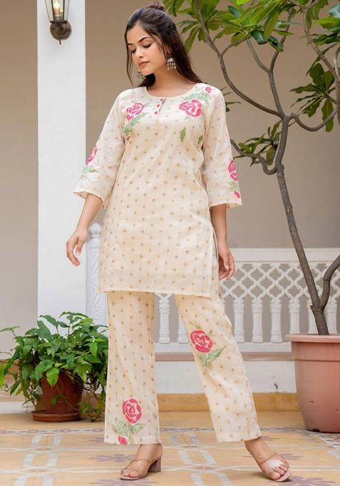 White Floral Printed Round Neck Pure Cotton Tunic With Trouser