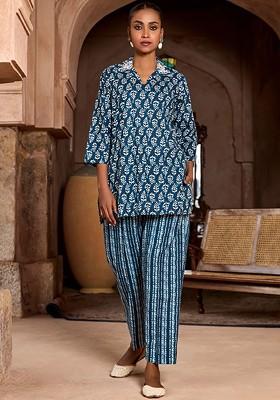 Indigo Blue Floral Printed Pure Cotton Tunic And Trouser