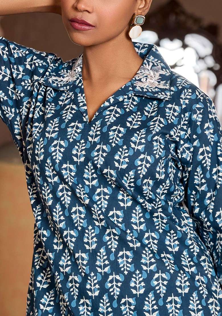 Indigo Blue Floral Printed Pure Cotton Tunic And Trouser - Indya