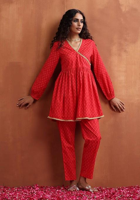 Red Ethnic Motifs Printed Pure Cotton Angrakha Tunic With Trousers