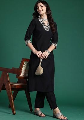 Black Embroidered Threequarter Sleeves Pure Cotton Tunic And Trouser