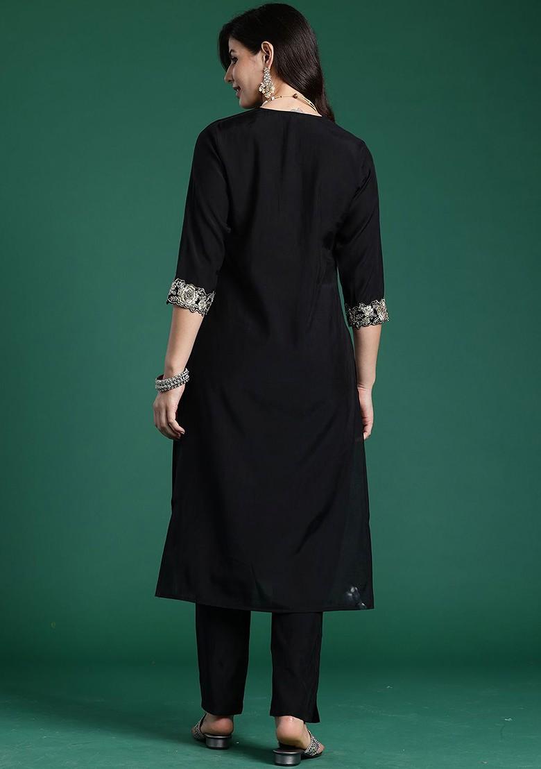 Black Embroidered Threequarter Sleeves Pure Cotton Tunic And Trouser - Indya