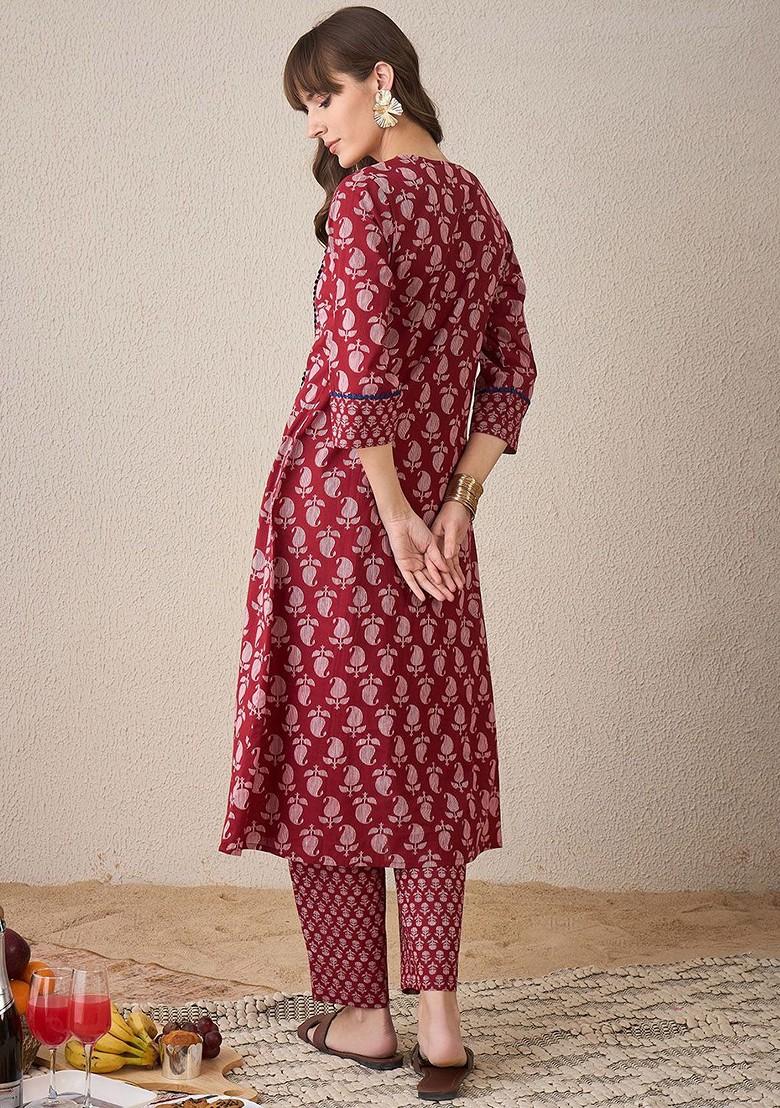 Maroon Paisley Printed Pure Cotton Notch Neck Straight Tunic And Trousers - Indya