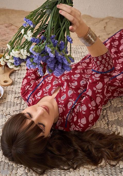 Maroon Paisley Printed Pure Cotton Notch Neck Straight Tunic And Trousers