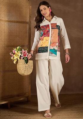 Off White Women Cotton Applique Coords Set