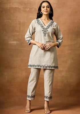 Grey Safar Embroidered Pure Cotton Tunic With Trousers Coords