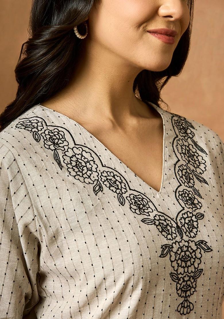 Grey Safar Embroidered Pure Cotton Tunic With Trousers Coords - Indya