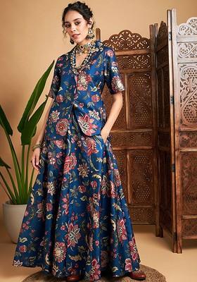 Blue Floral Printed Blazer And Skirt Coords