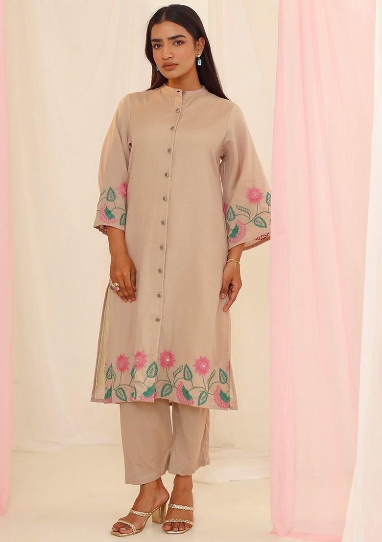 Beige Purna Mouse Embroidered Pure Cotton Tunic With Palazzo Set - Indya