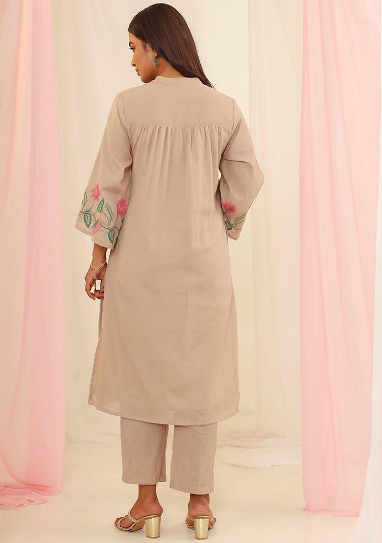 Beige Purna Mouse Embroidered Pure Cotton Tunic With Palazzo Set - Indya