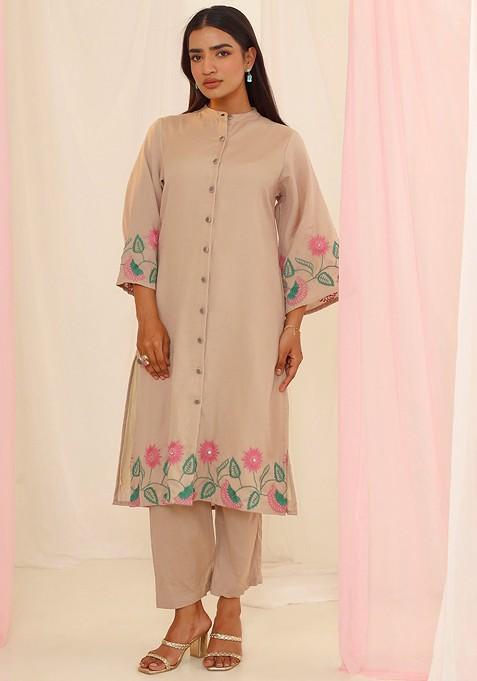Beige Purna Mouse Embroidered Pure Cotton Tunic With Palazzo Set