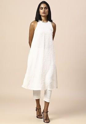White Round Neck Self Design Tunic With Trouser Coords