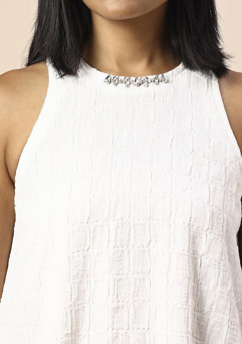 White Round Neck Self Design Tunic With Trouser Coords