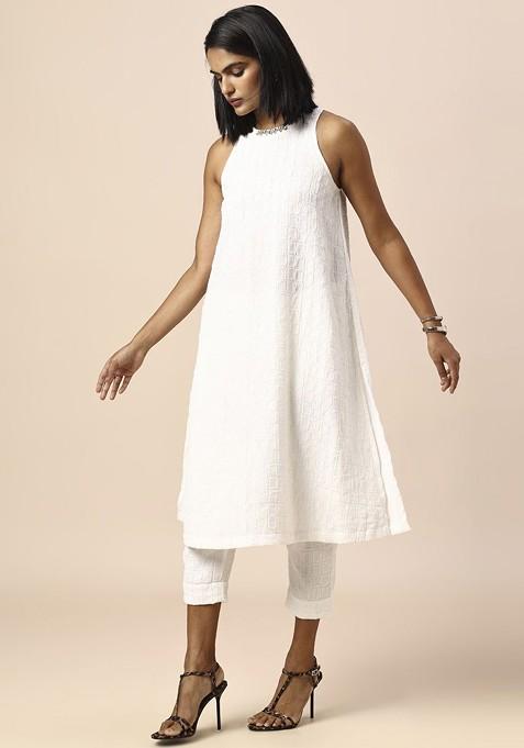 White Round Neck Self Design Tunic With Trouser Coords