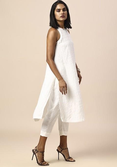 White Round Neck Self Design Tunic With Trouser Coords