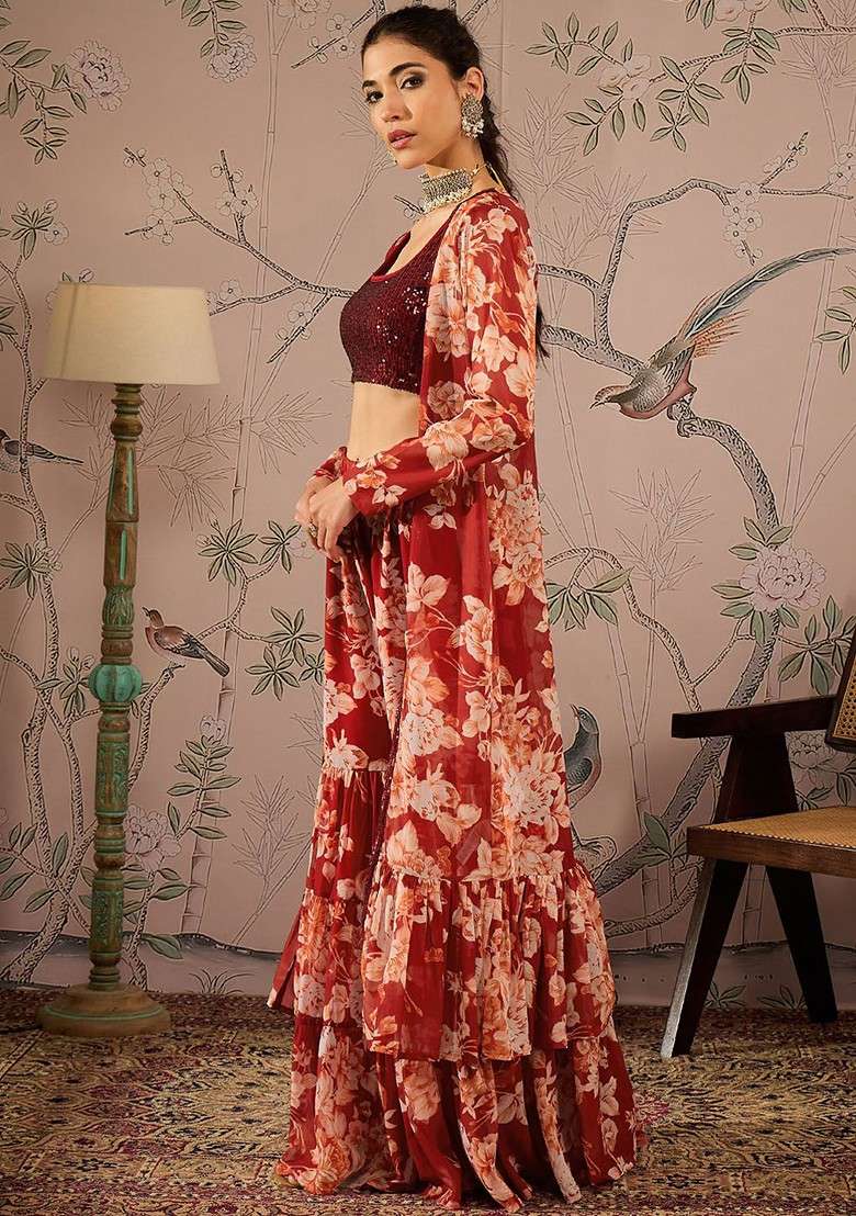 Maroon Maroon And Cream Embellished Top And Shrug With Trouser - Indya