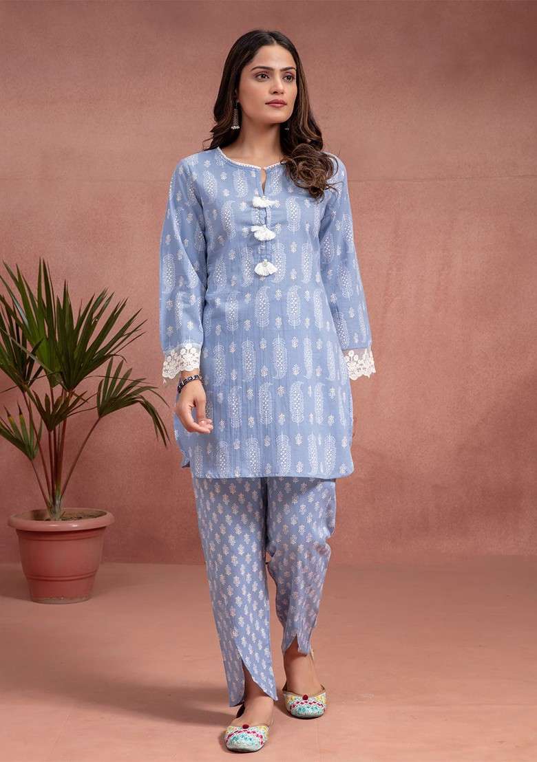 Blue Printed Round Neck Long Sleeves Pure Cotton Top With Trouser - Indya