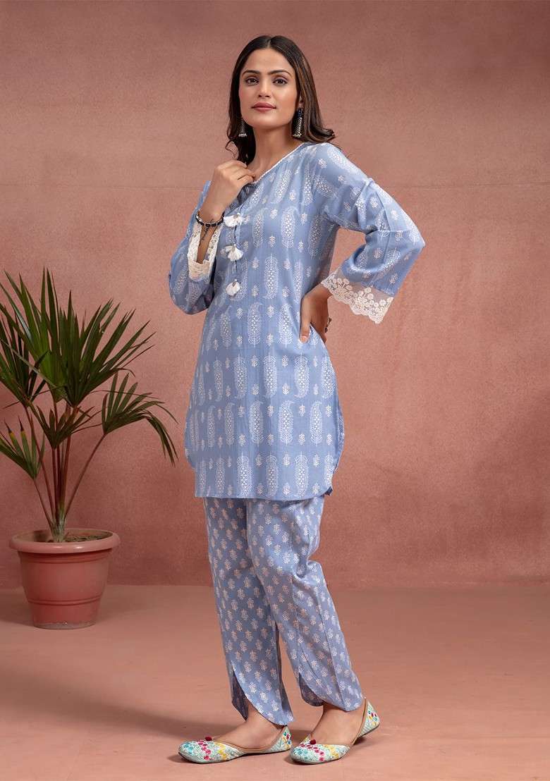 Blue Printed Round Neck Long Sleeves Pure Cotton Top With Trouser - Indya