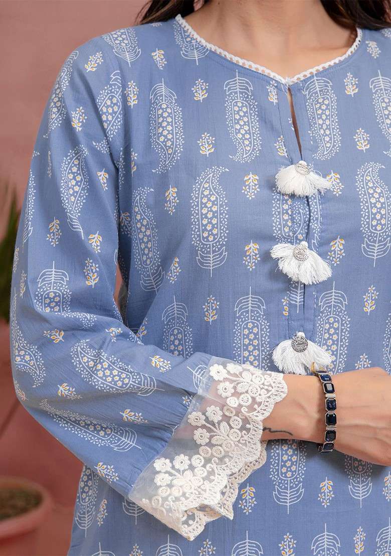 Blue Printed Round Neck Long Sleeves Pure Cotton Top With Trouser - Indya
