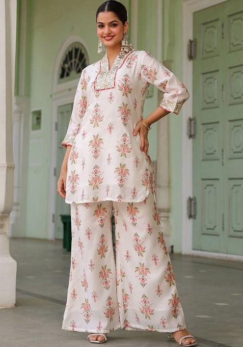 Cream Ivory Chanderi Silk Floral Printed Coord Set