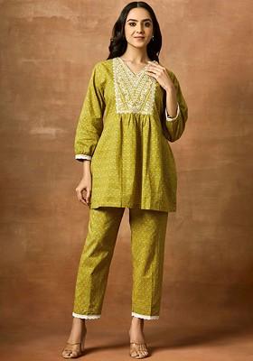 Green Embroidered Pure Cotton Coord Set
