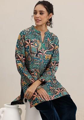 Blue Ethnic Motifs Printed Mandarin Collar Threequarter Sleeves Top With Trouser