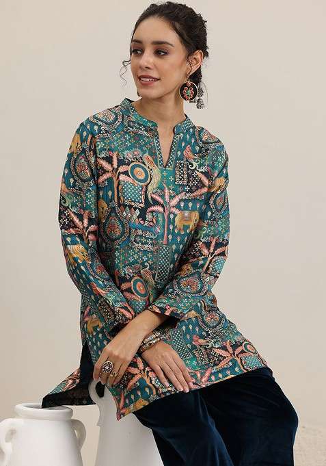 Blue Ethnic Motifs Printed Mandarin Collar Threequarter Sleeves Top With Trouser