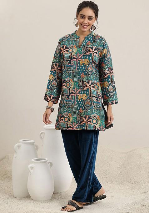 Women's Navy Blue Ethnic Motifs Printed Mandarin Collar Straight Kurti main image 1